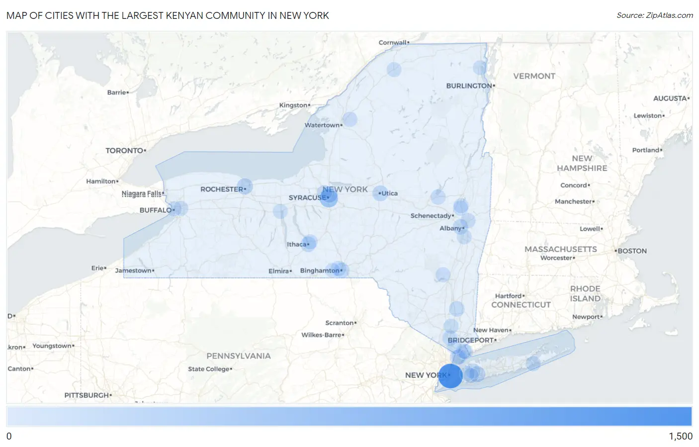 Cities with the Largest Kenyan Community in New York Map