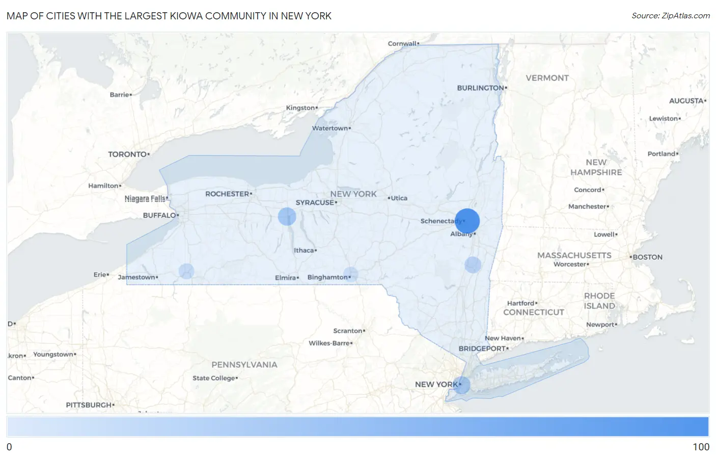 Cities with the Largest Kiowa Community in New York Map
