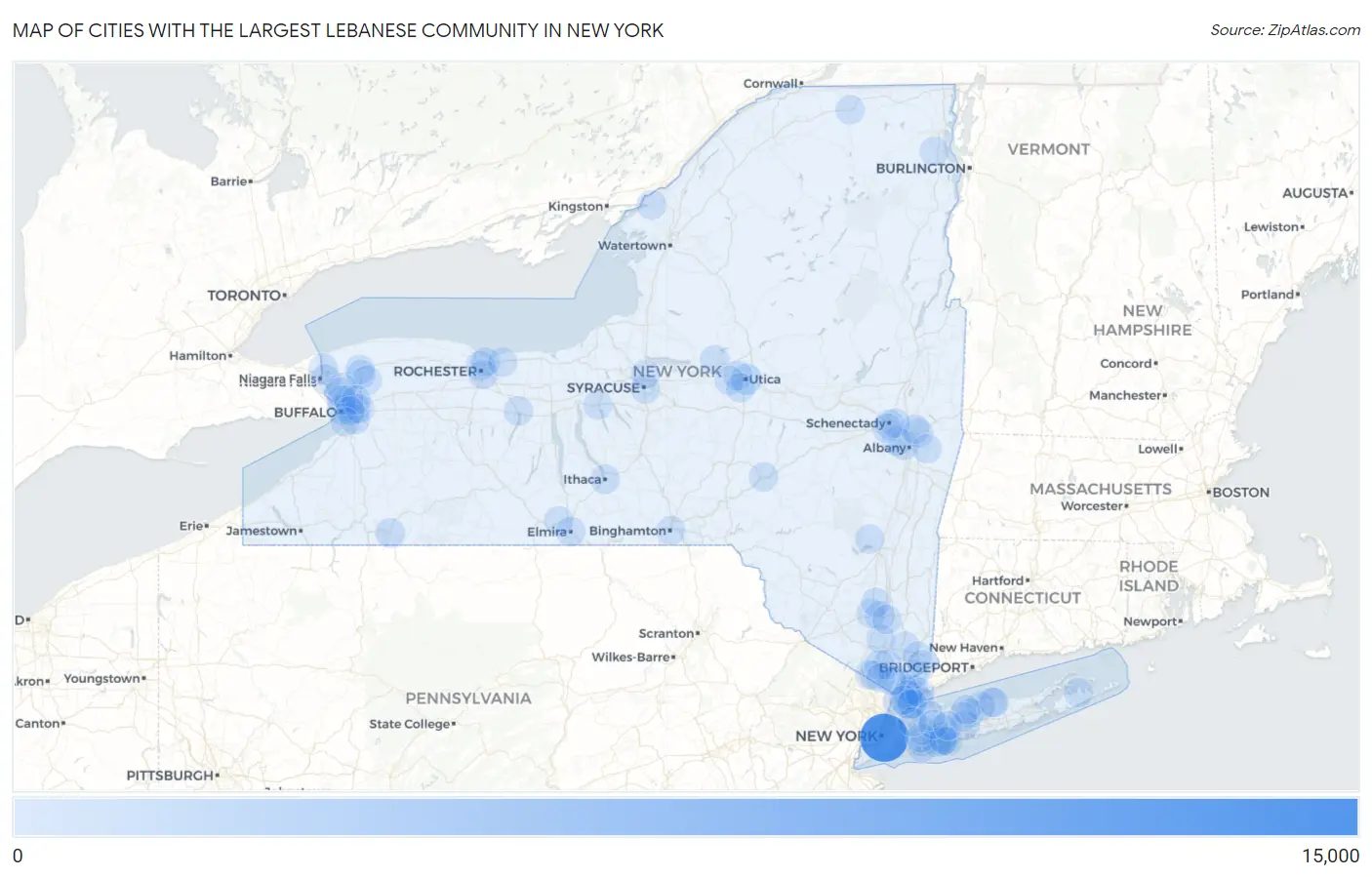 Cities with the Largest Lebanese Community in New York Map