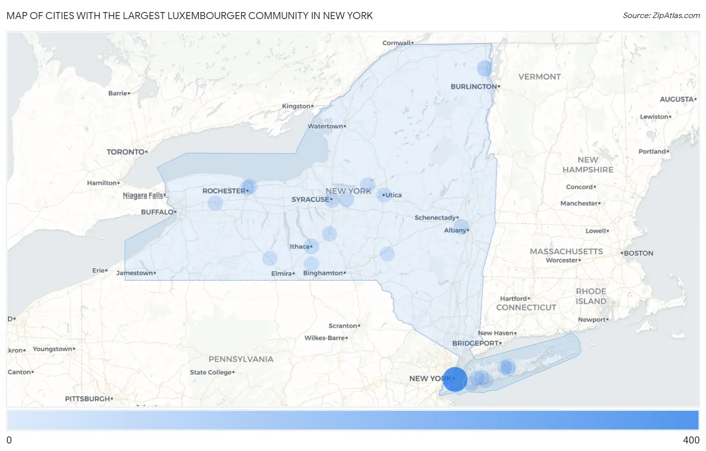 Cities with the Largest Luxembourger Community in New York Map