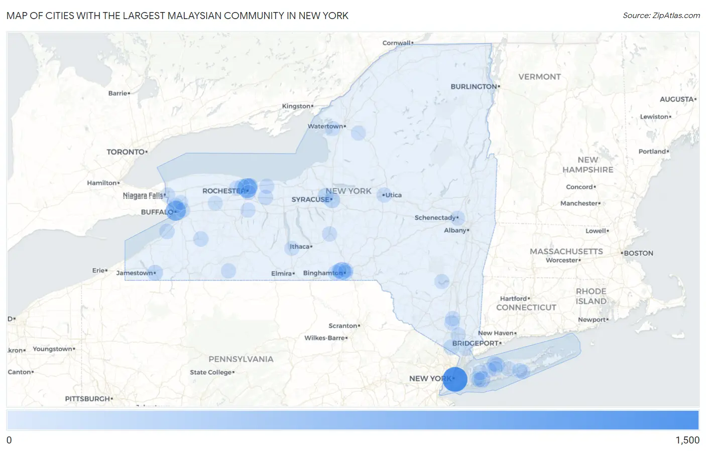 Cities with the Largest Malaysian Community in New York Map