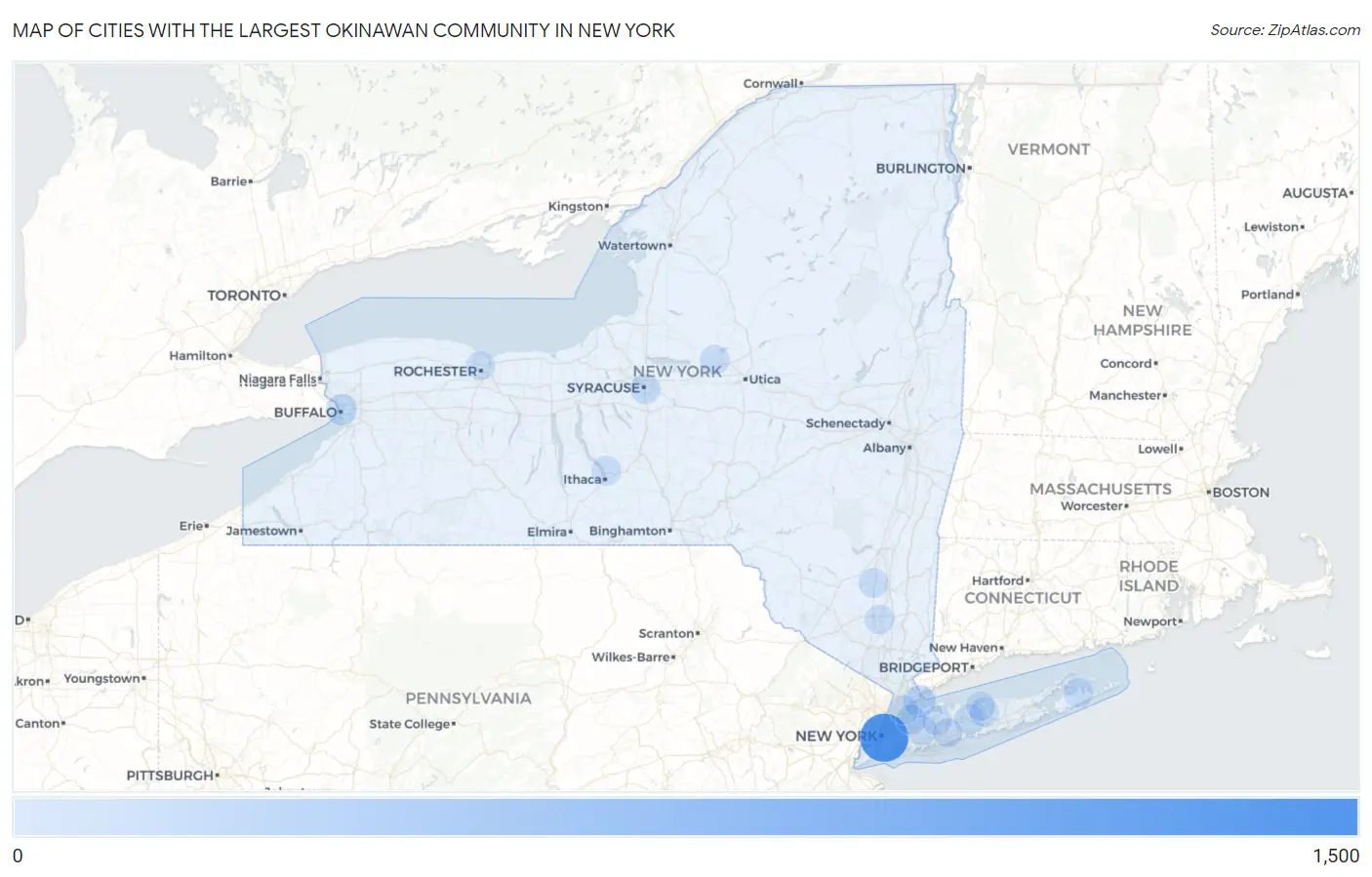 Cities with the Largest Okinawan Community in New York Map