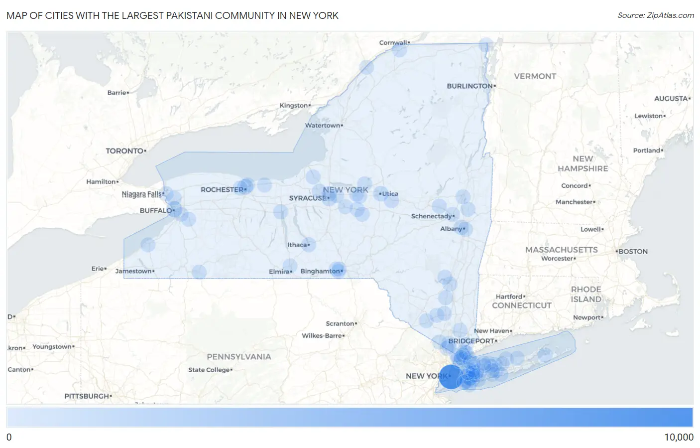 Cities with the Largest Pakistani Community in New York Map