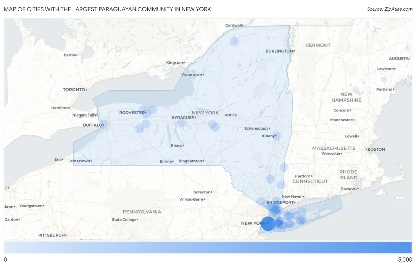Cities with the Largest Paraguayan Community in New York Map