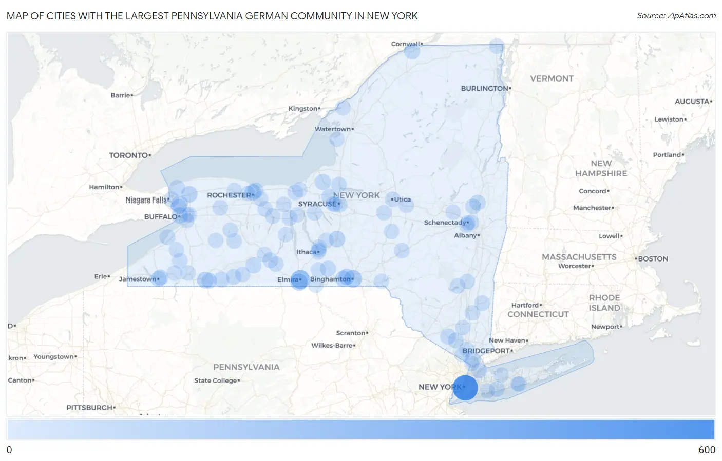Cities with the Largest Pennsylvania German Community in New York Map