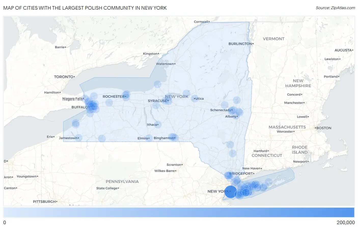 Cities with the Largest Polish Community in New York Map