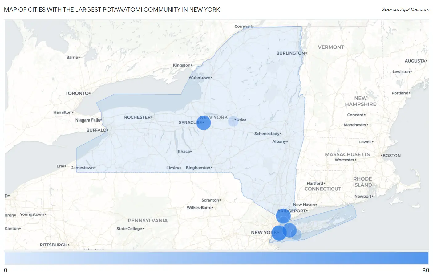 Cities with the Largest Potawatomi Community in New York Map