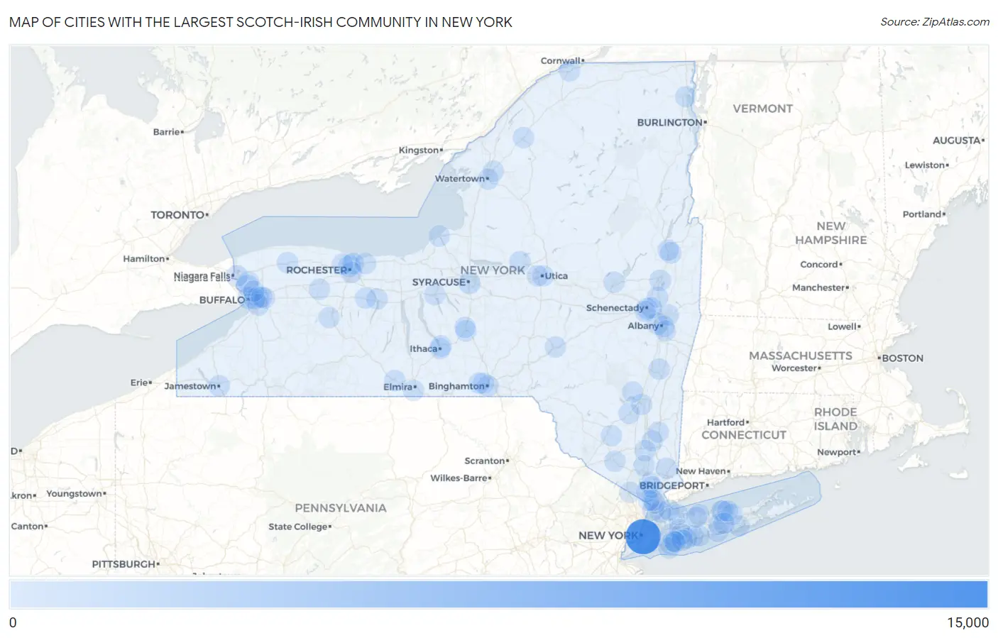 Cities with the Largest Scotch-Irish Community in New York Map