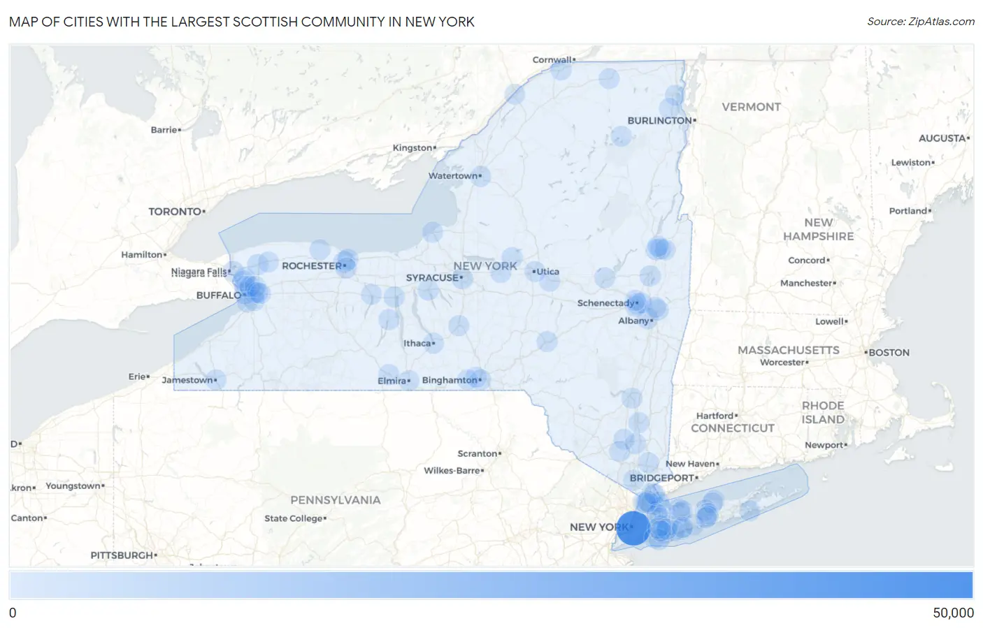 Cities with the Largest Scottish Community in New York Map