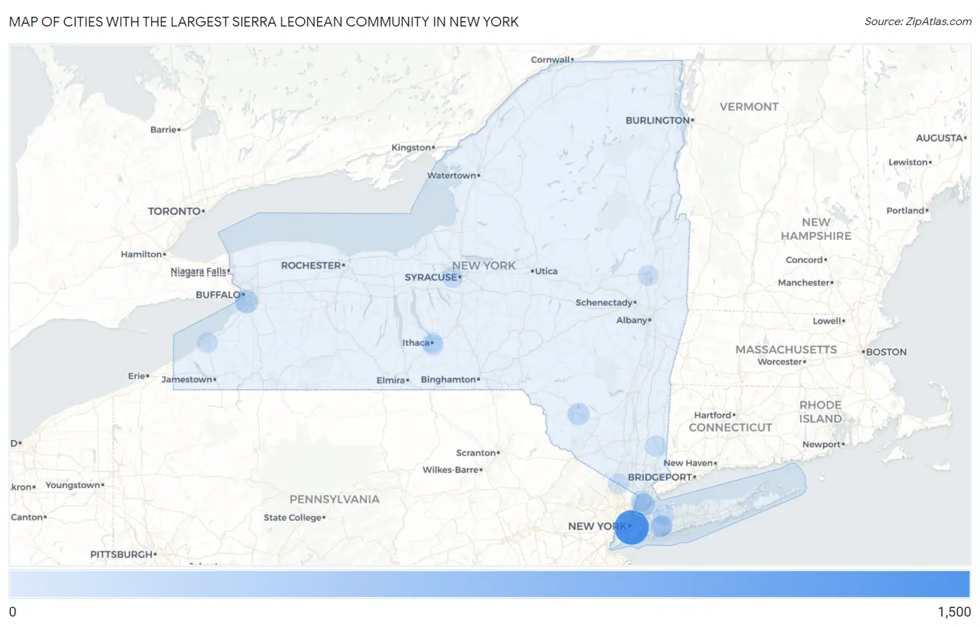 Cities with the Largest Sierra Leonean Community in New York Map