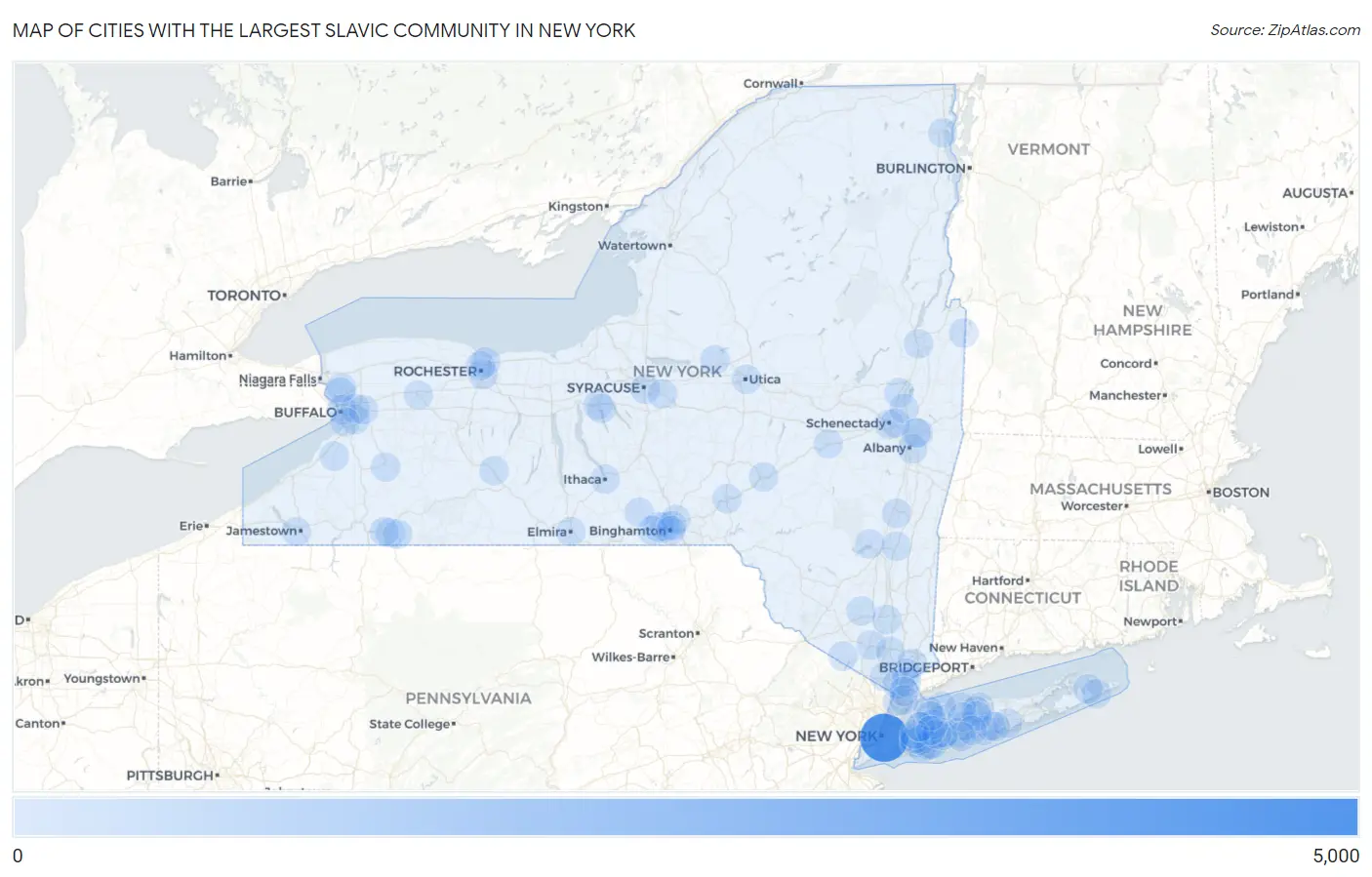 Cities with the Largest Slavic Community in New York Map