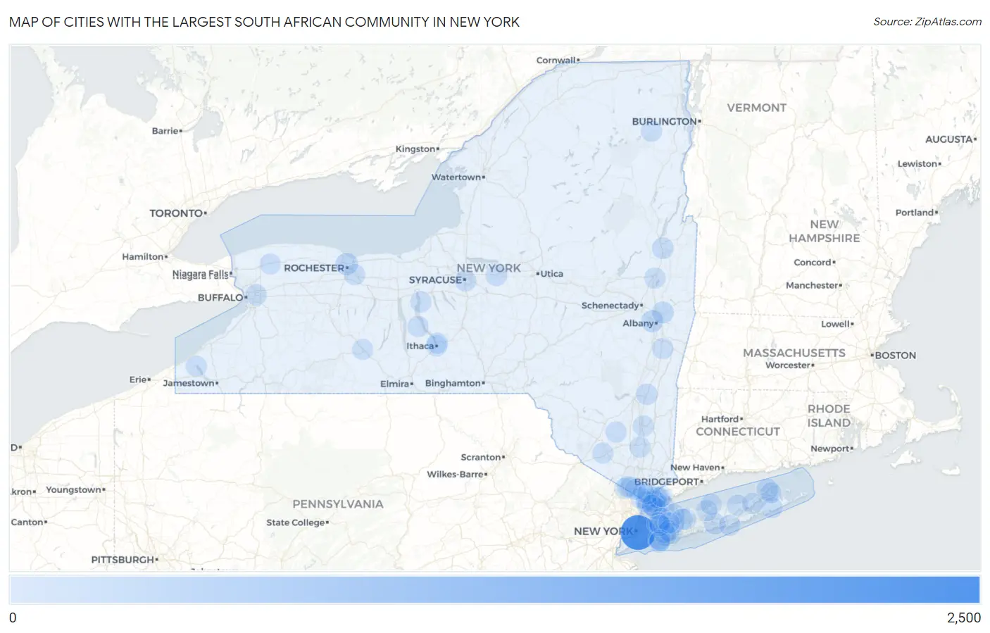 Cities with the Largest South African Community in New York Map