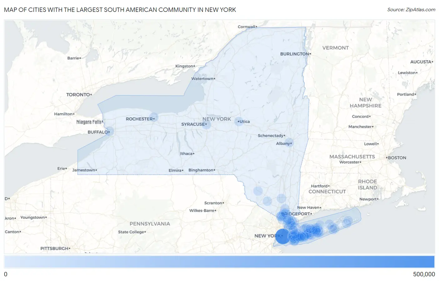 Cities with the Largest South American Community in New York Map