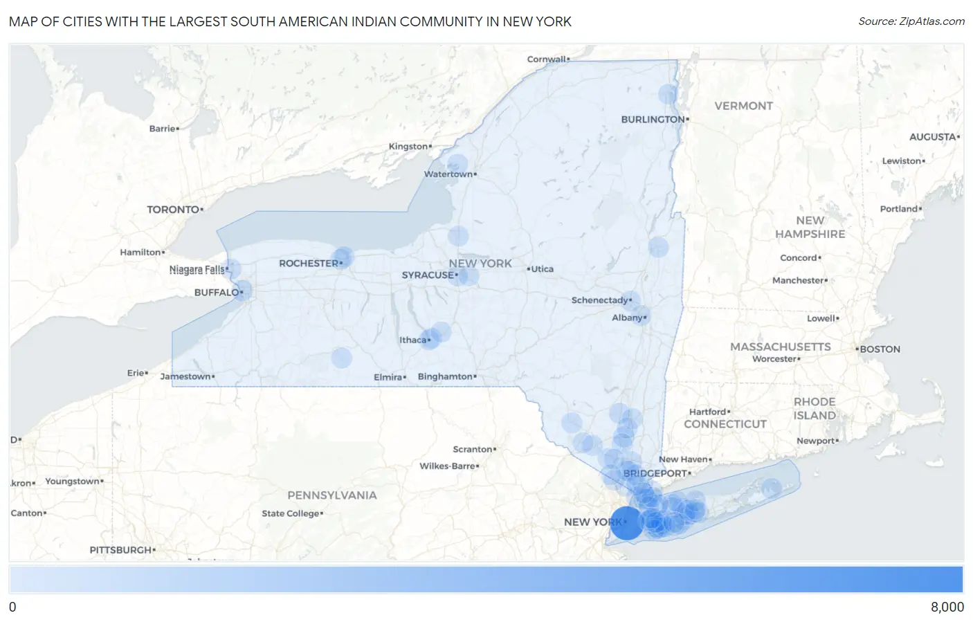 Cities with the Largest South American Indian Community in New York Map