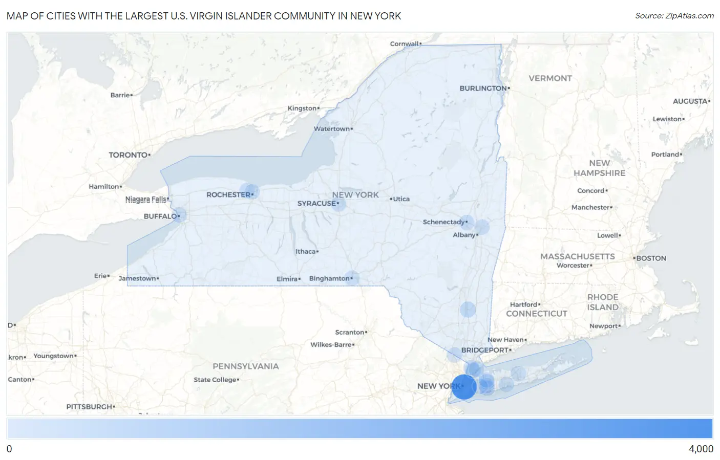 Cities with the Largest U.S. Virgin Islander Community in New York Map