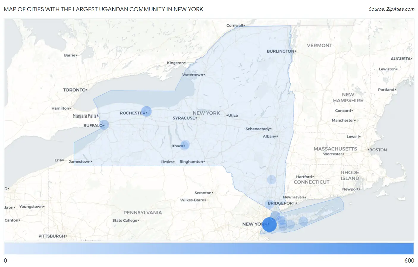 Cities with the Largest Ugandan Community in New York Map