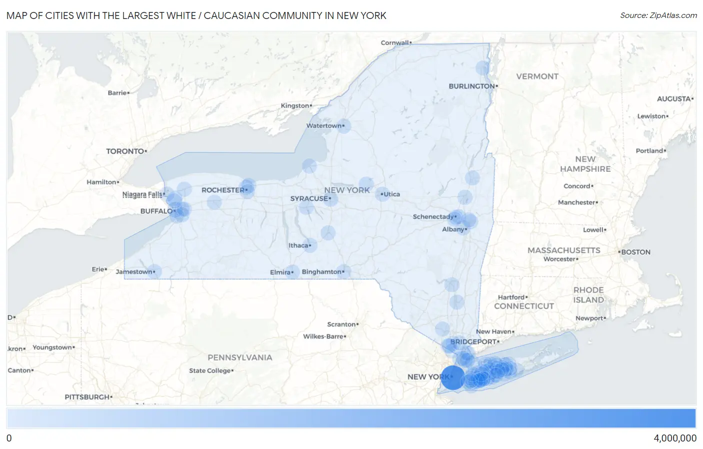 Cities with the Largest White / Caucasian Community in New York Map