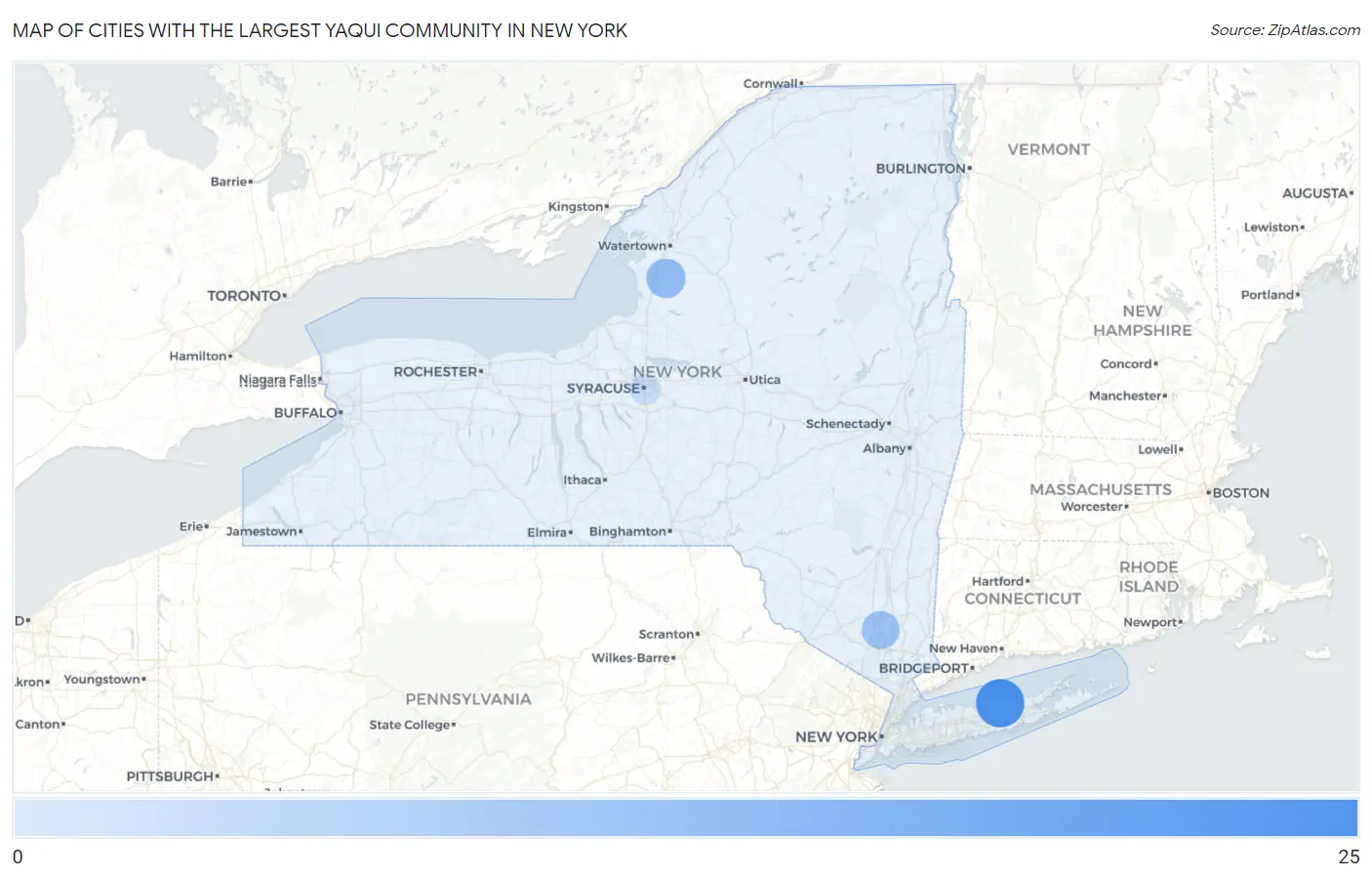 Cities with the Largest Yaqui Community in New York Map