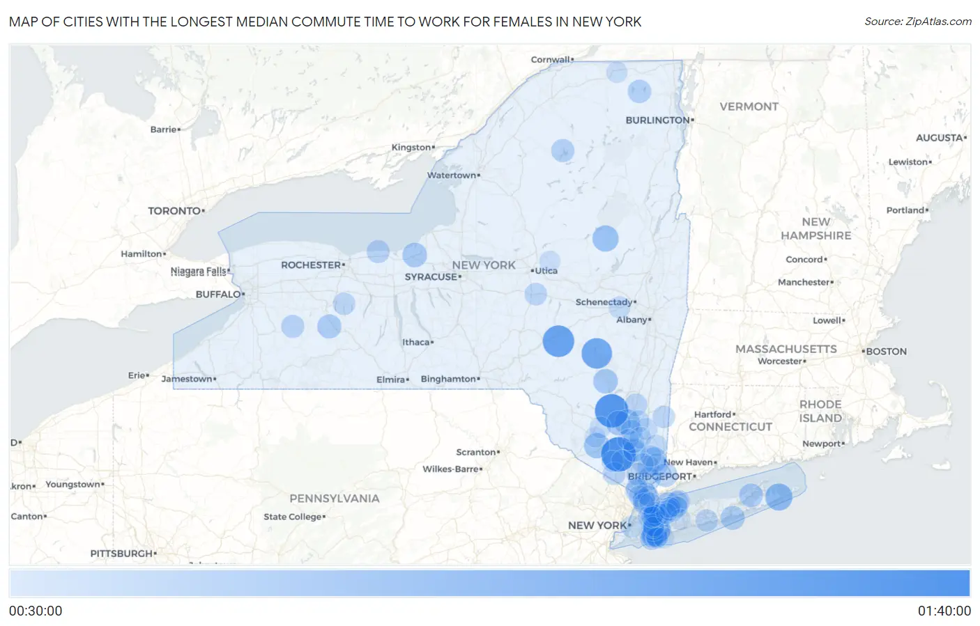 Cities with the Longest Median Commute Time to Work for Females in New York Map