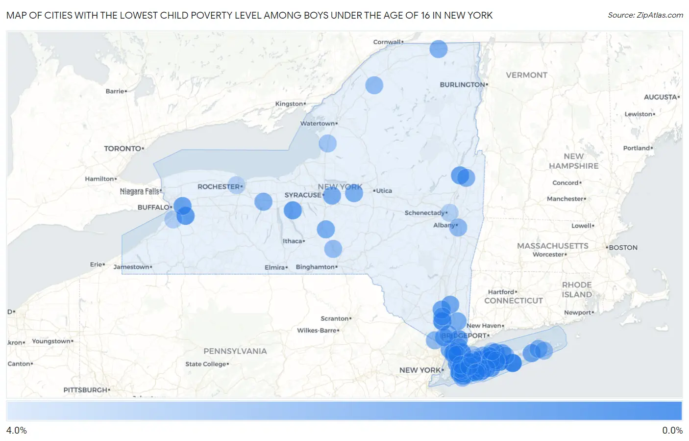 Cities with the Lowest Child Poverty Level Among Boys Under the Age of 16 in New York Map