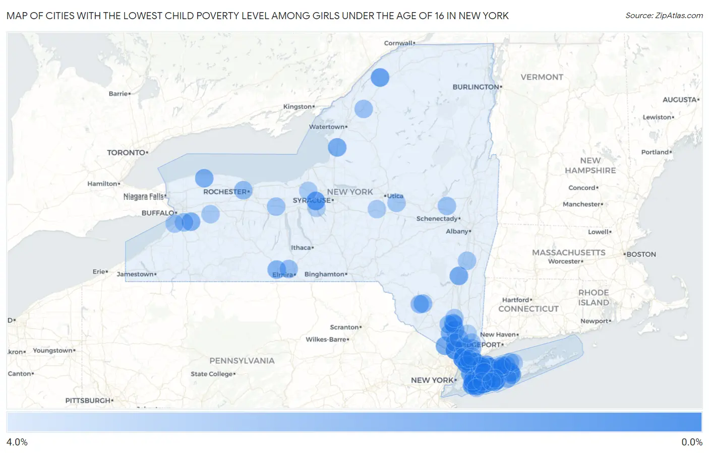 Cities with the Lowest Child Poverty Level Among Girls Under the Age of 16 in New York Map