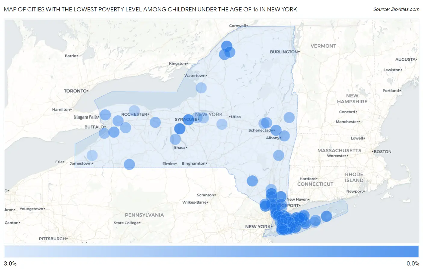 Cities with the Lowest Poverty Level Among Children Under the Age of 16 in New York Map