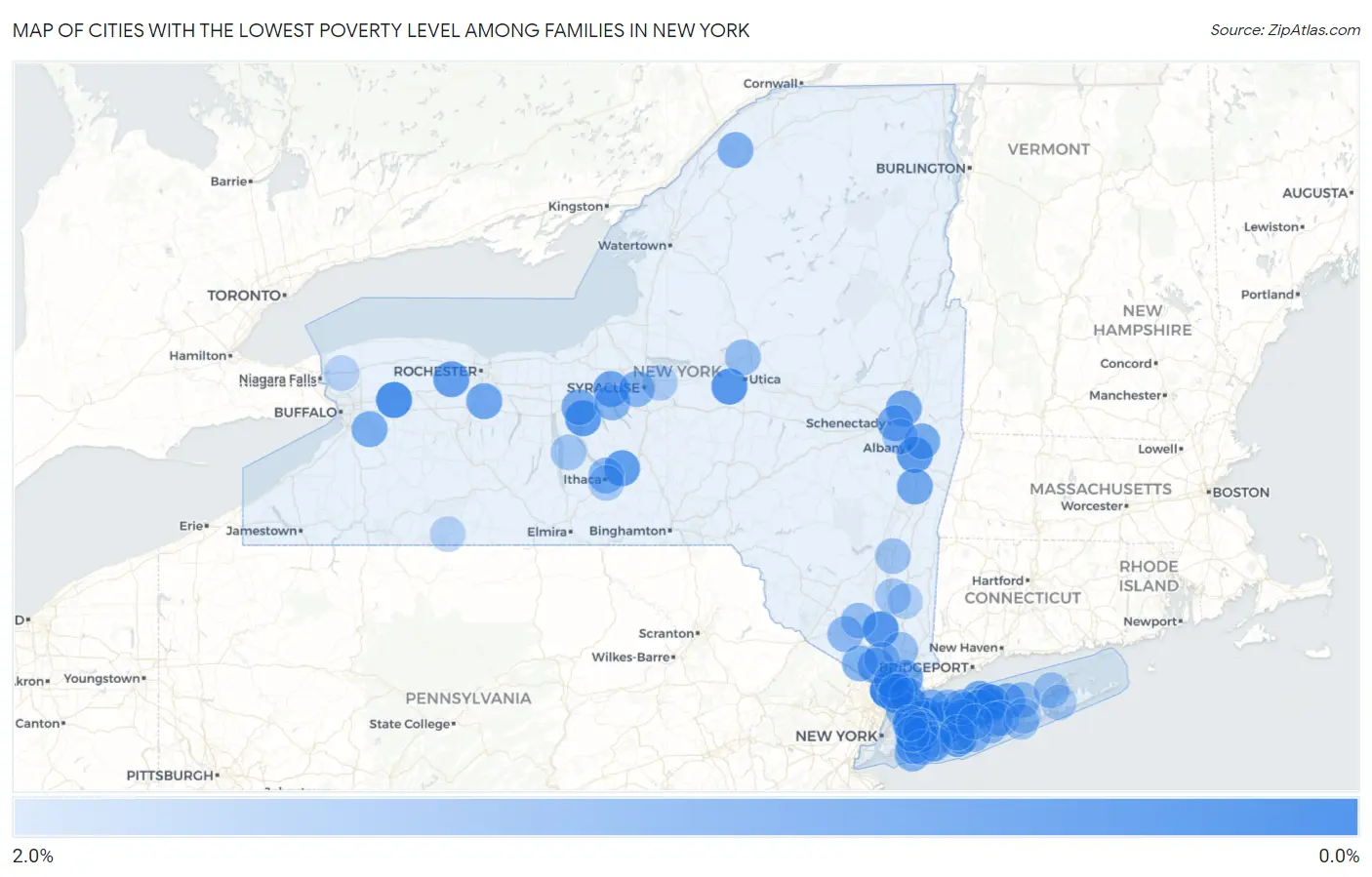 Cities with the Lowest Poverty Level Among Families in New York Map