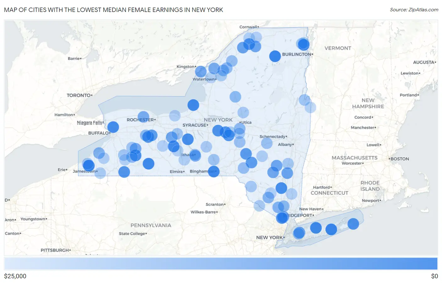 Cities with the Lowest Median Female Earnings in New York Map