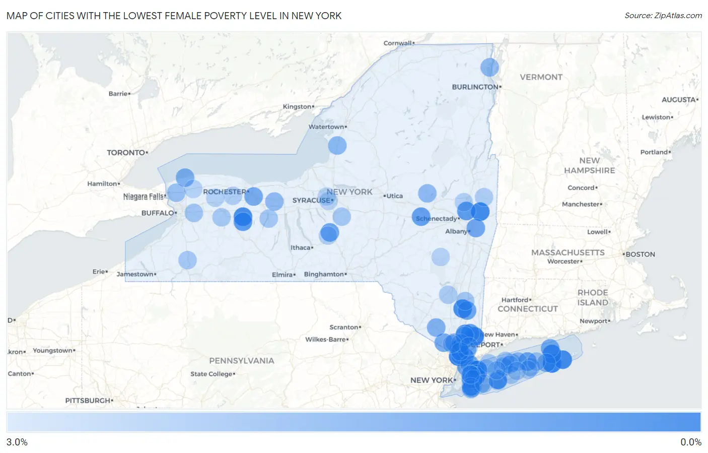 Cities with the Lowest Female Poverty Level in New York Map