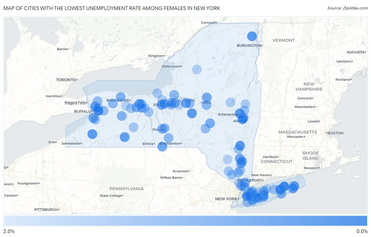 Cities with the Lowest Unemployment Rate Among Females in New York Map
