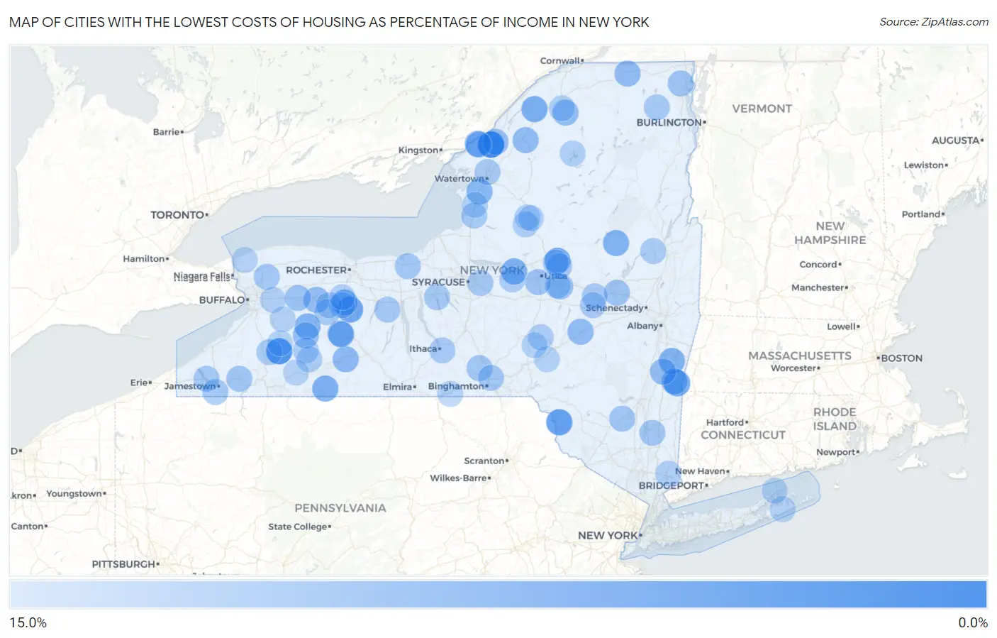 Cities with the Lowest Costs of Housing as Percentage of Income in New York Map
