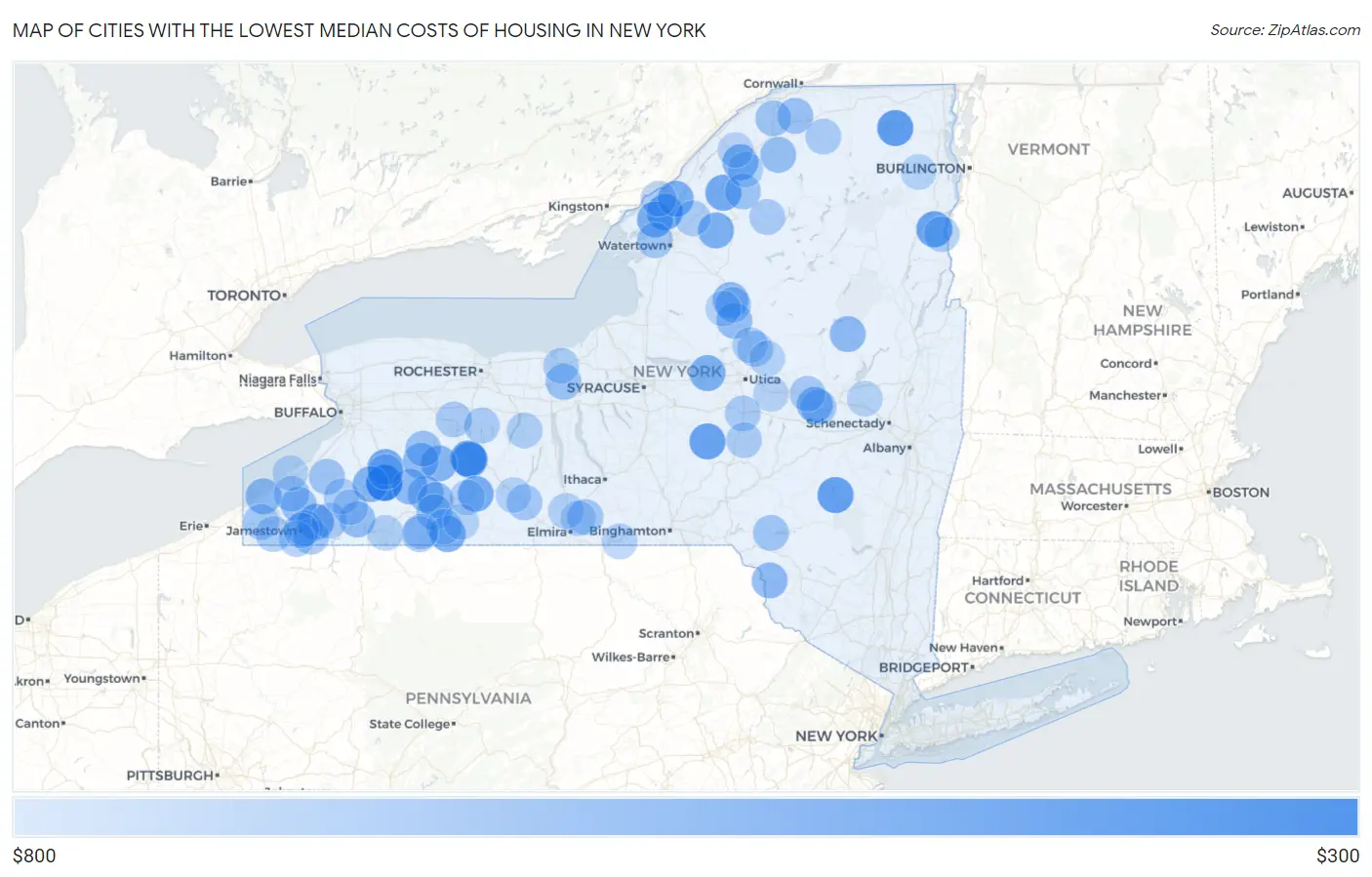 Cities with the Lowest Median Costs of Housing in New York Map