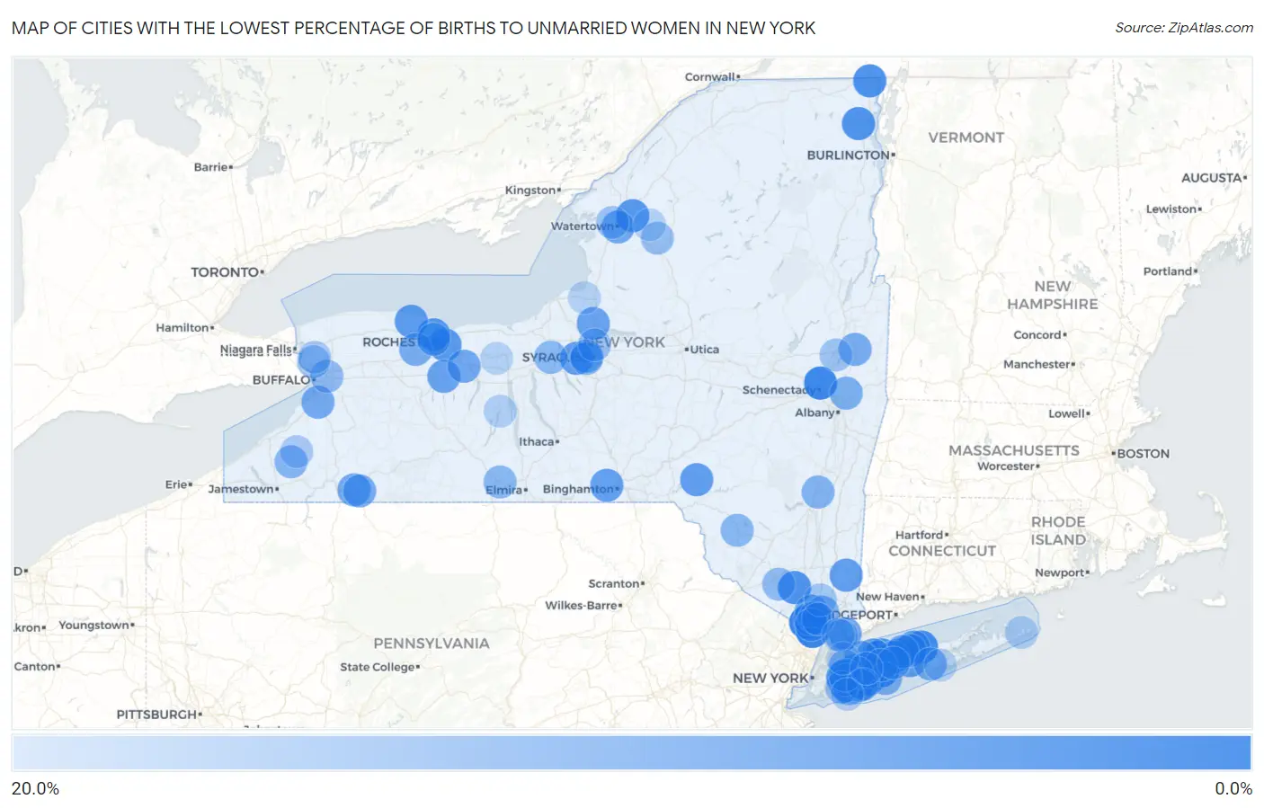 Cities with the Lowest Percentage of Births to Unmarried Women in New York Map