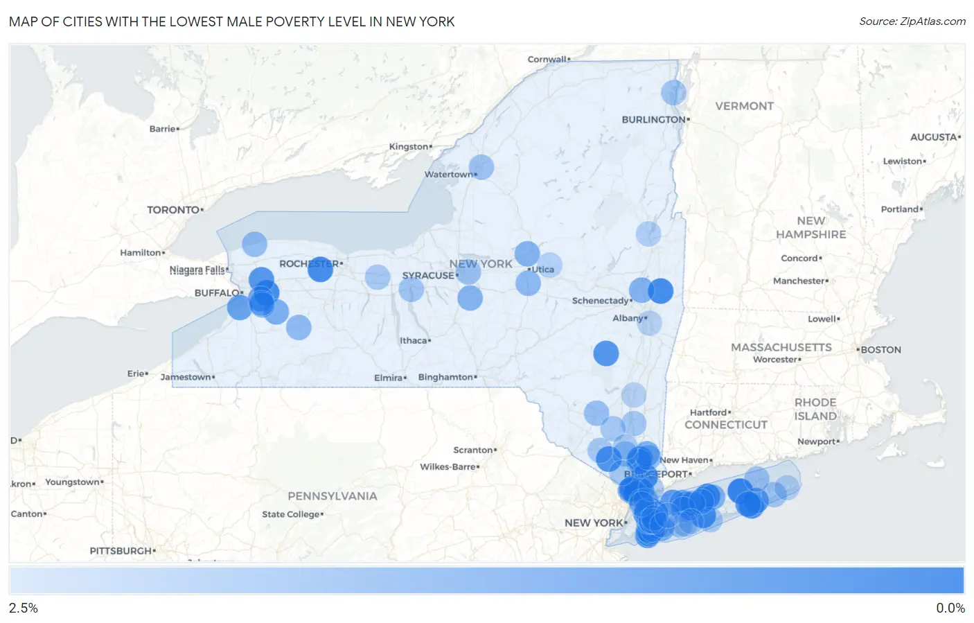 Cities with the Lowest Male Poverty Level in New York Map