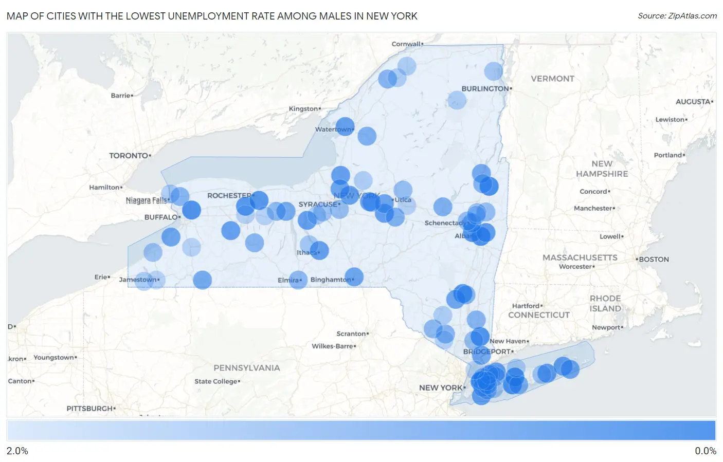 Cities with the Lowest Unemployment Rate Among Males in New York Map