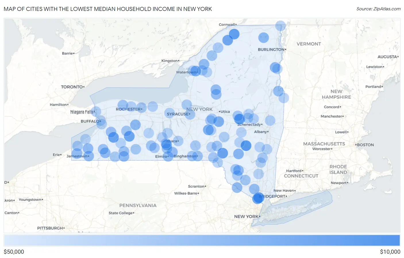 Cities with the Lowest Median Household Income in New York Map
