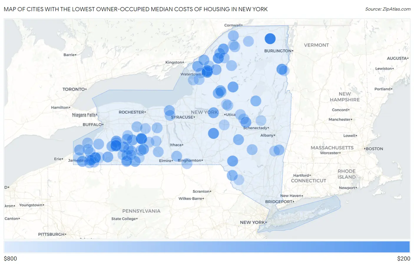 Cities with the Lowest Owner-Occupied Median Costs of Housing in New York Map