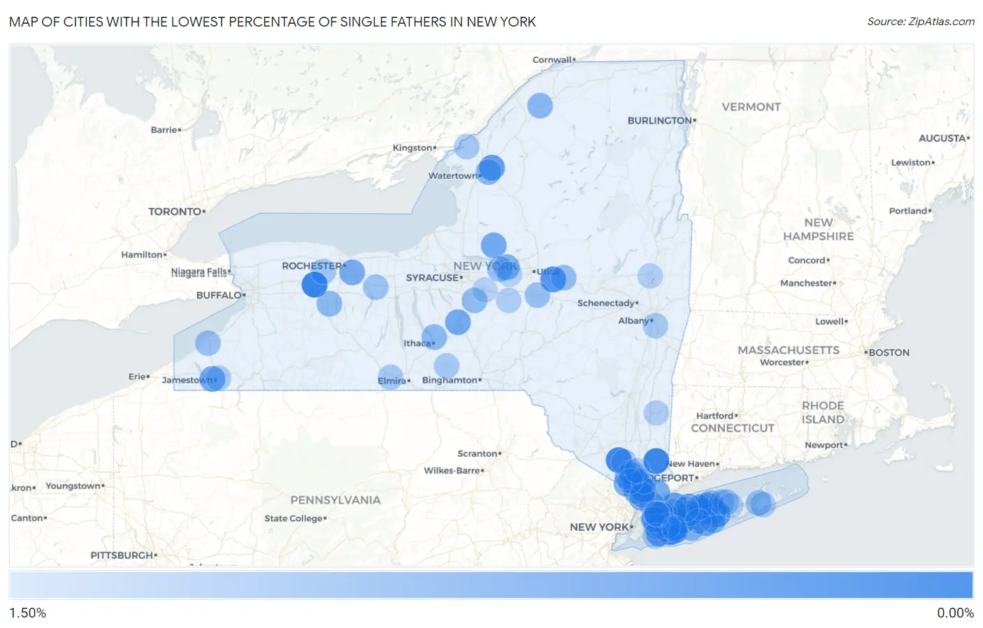 Cities with the Lowest Percentage of Single Fathers in New York Map