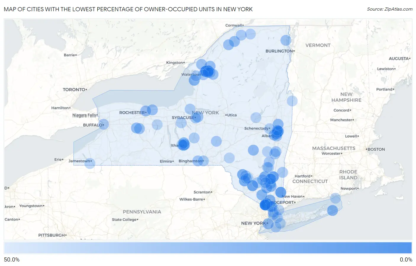 Cities with the Lowest Percentage of Owner-Occupied Units in New York Map