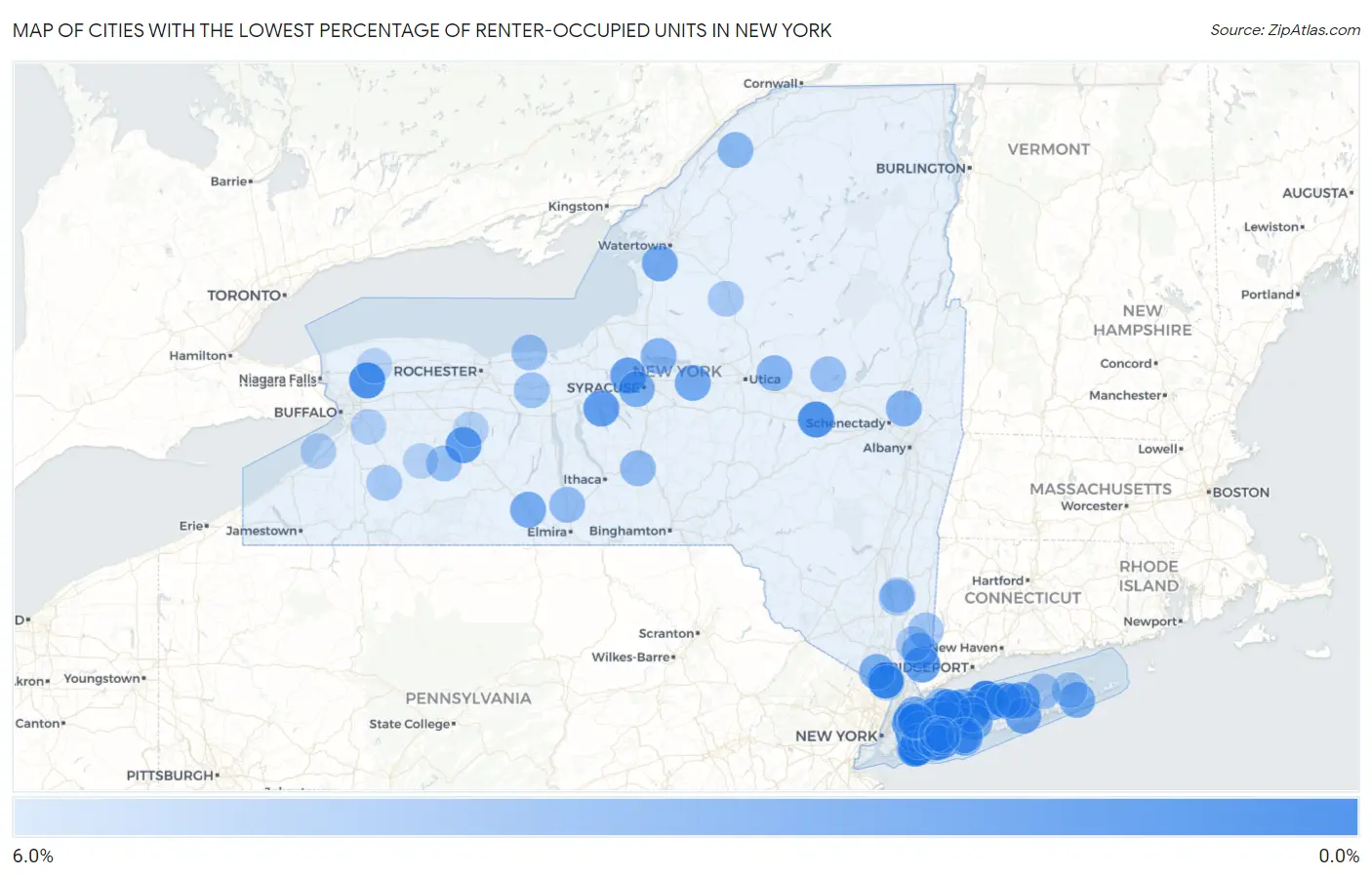 Cities with the Lowest Percentage of Renter-Occupied Units in New York Map