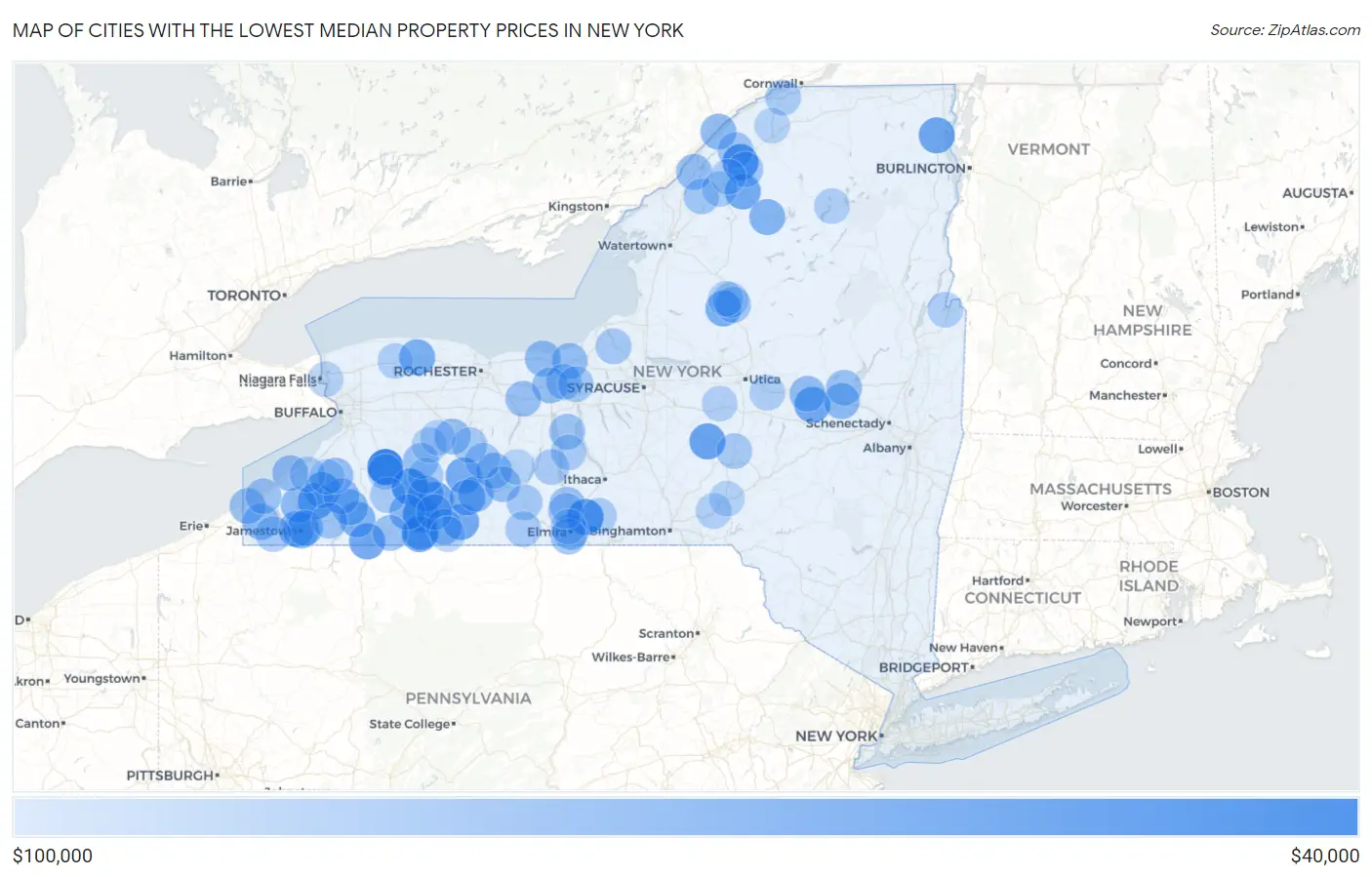 Cities with the Lowest Median Property Prices in New York Map