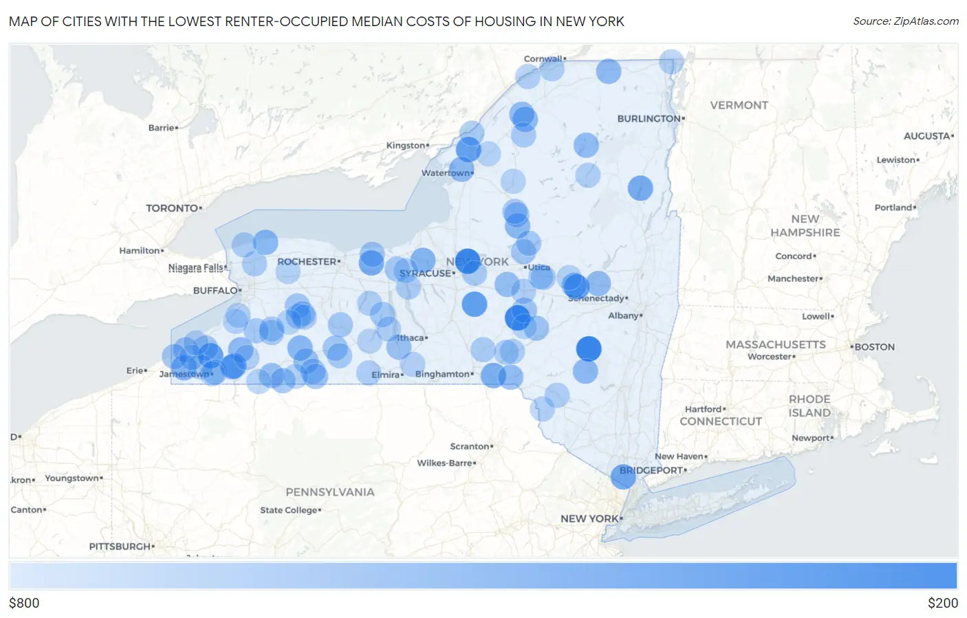 Cities with the Lowest Renter-Occupied Median Costs of Housing in New York Map