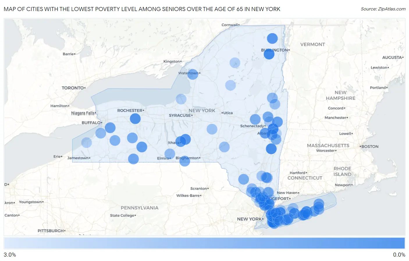 Cities with the Lowest Poverty Level Among Seniors Over the Age of 65 in New York Map