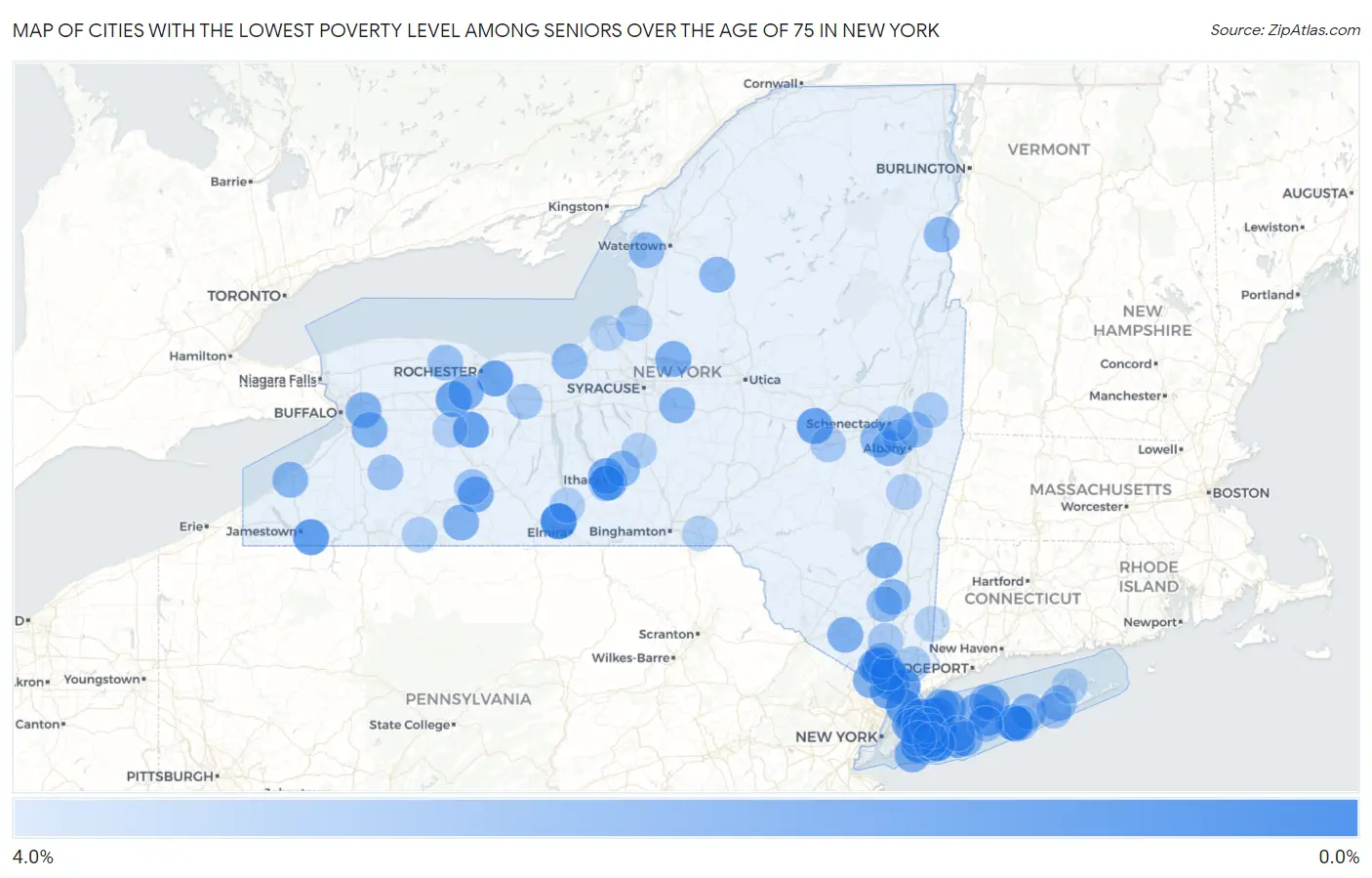 Cities with the Lowest Poverty Level Among Seniors Over the Age of 75 in New York Map
