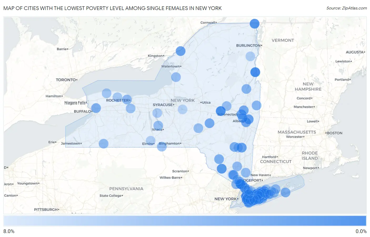 Cities with the Lowest Poverty Level Among Single Females in New York Map