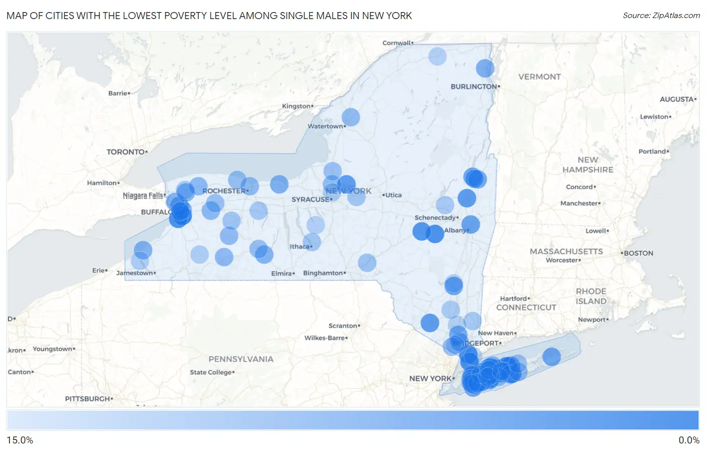Cities with the Lowest Poverty Level Among Single Males in New York Map