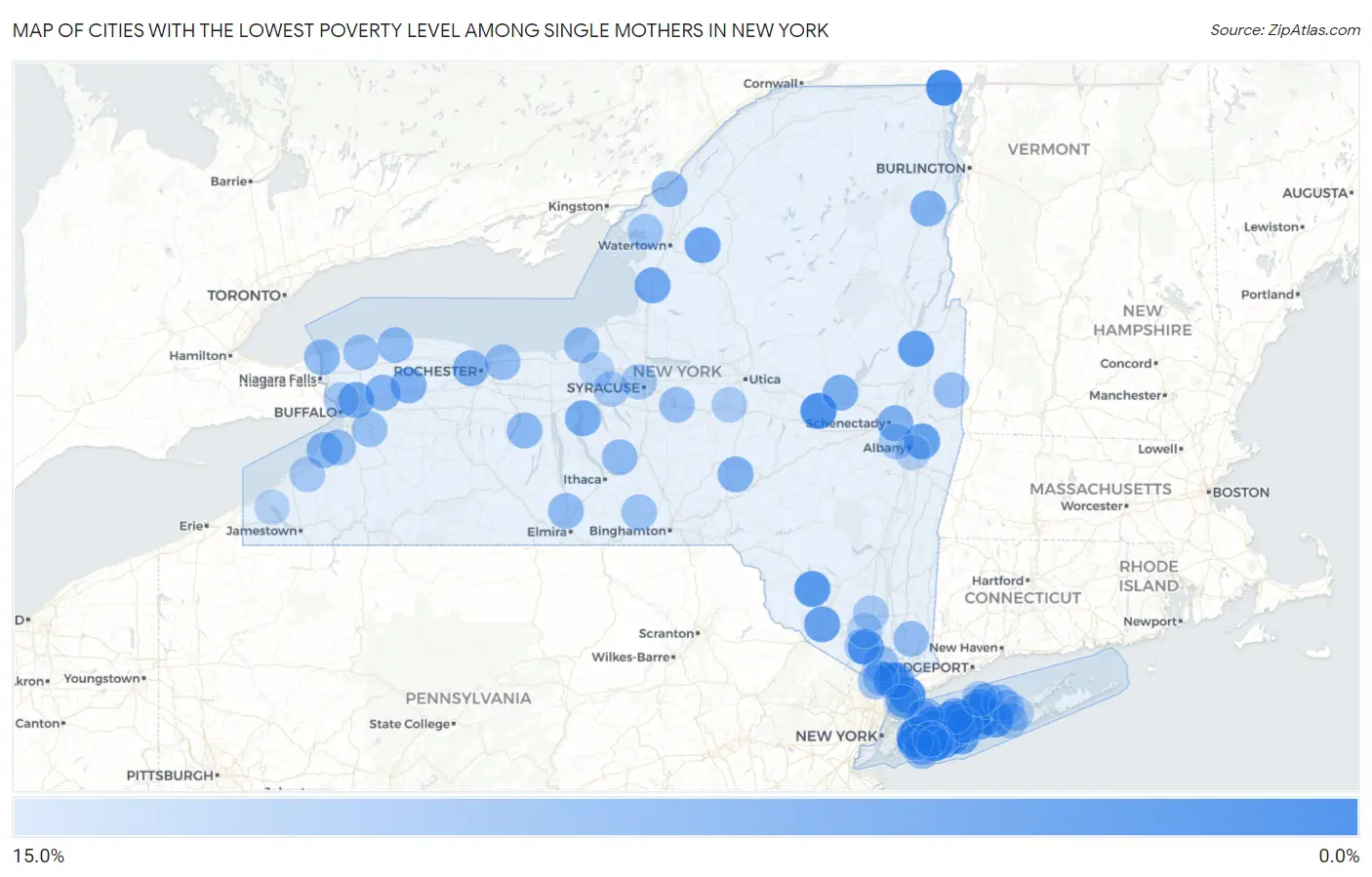 Cities with the Lowest Poverty Level Among Single Mothers in New York Map