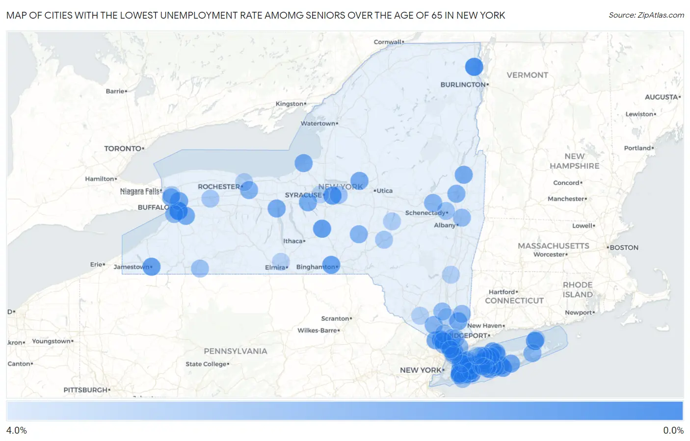 Cities with the Lowest Unemployment Rate Amomg Seniors Over the Age of 65 in New York Map