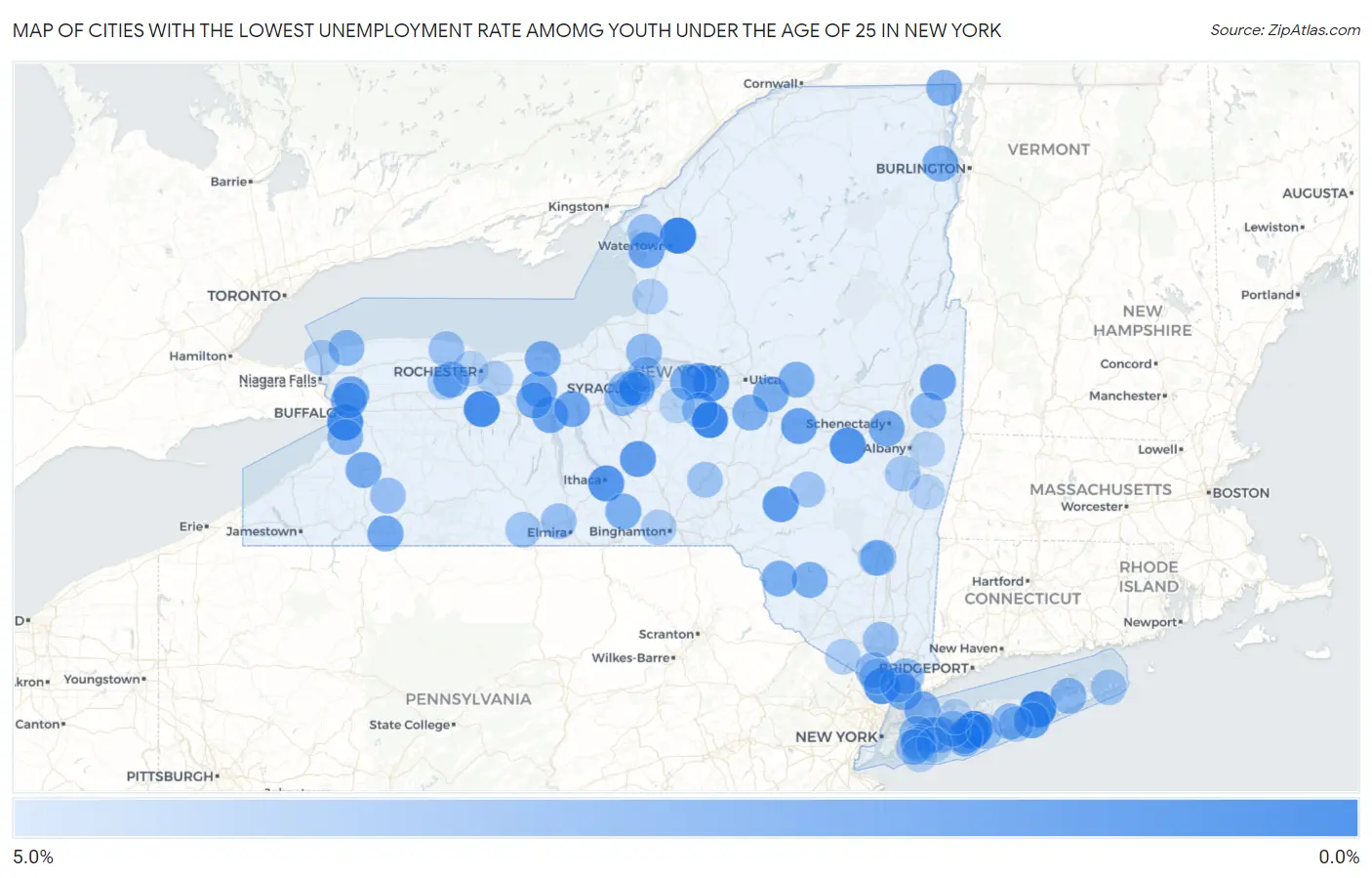 Cities with the Lowest Unemployment Rate Amomg Youth Under the Age of 25 in New York Map