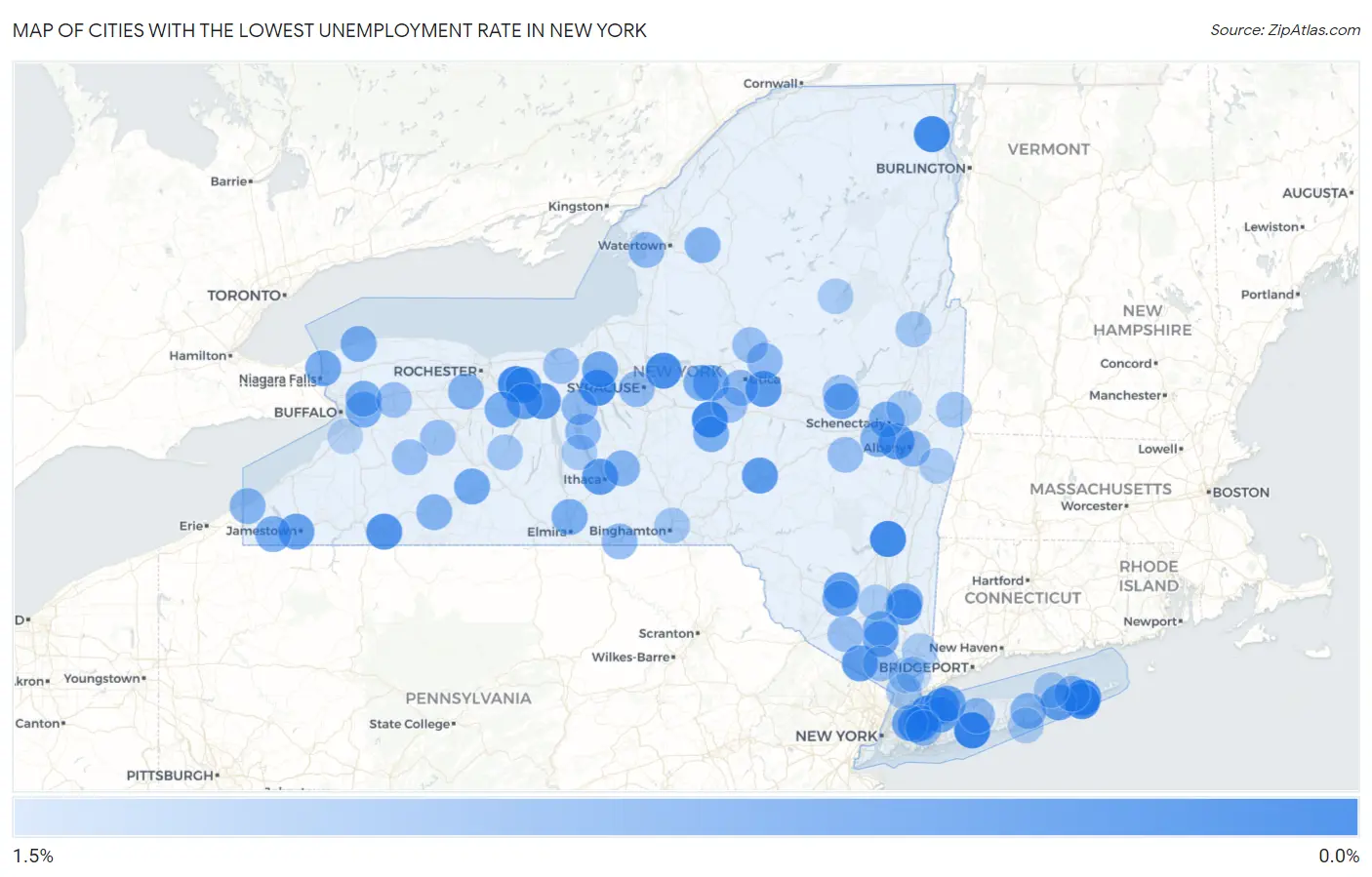 Cities with the Lowest Unemployment Rate in New York Map